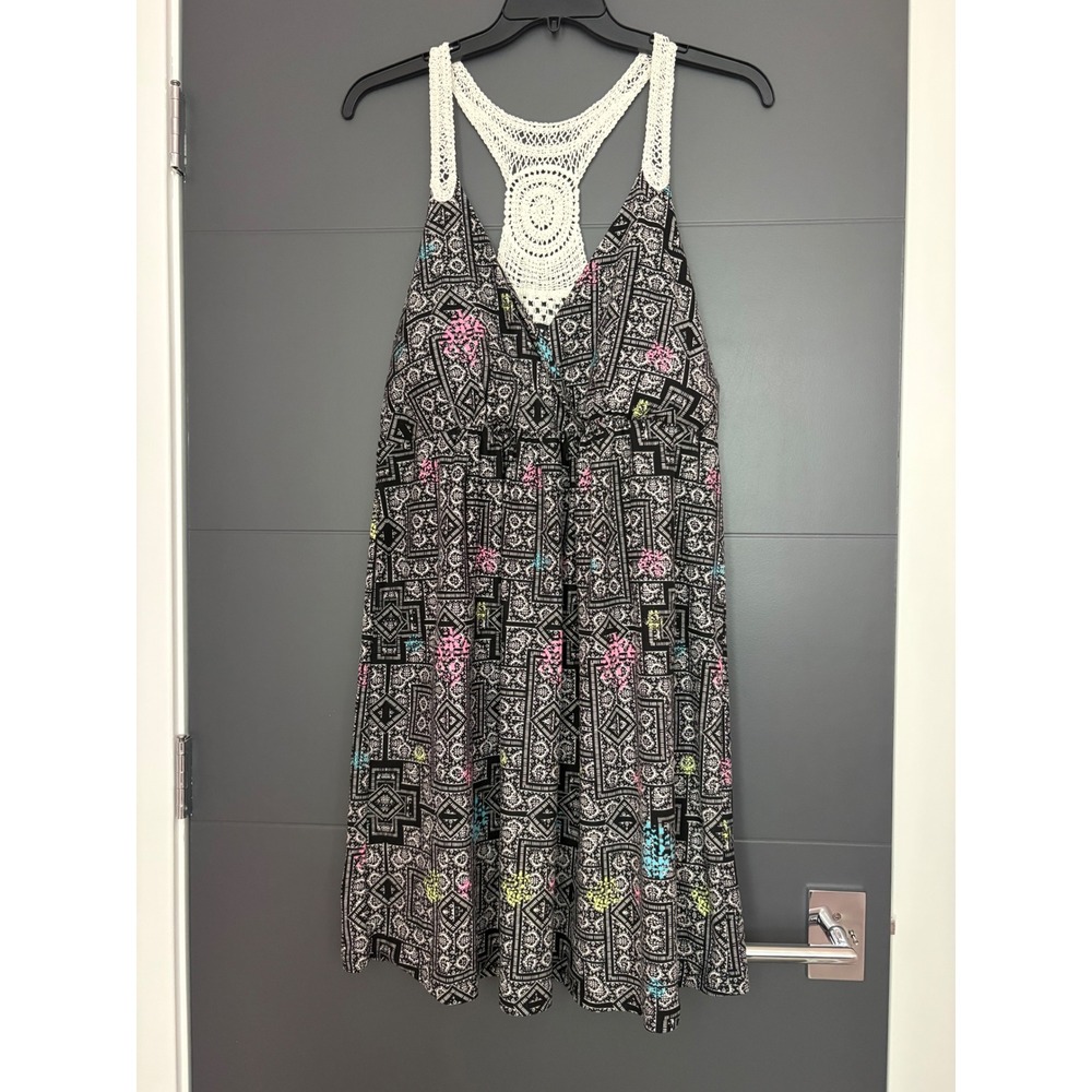 Derek Heart Plus Womens 2X Geometric Tribal Print Crochet Racerback Dress Black‎